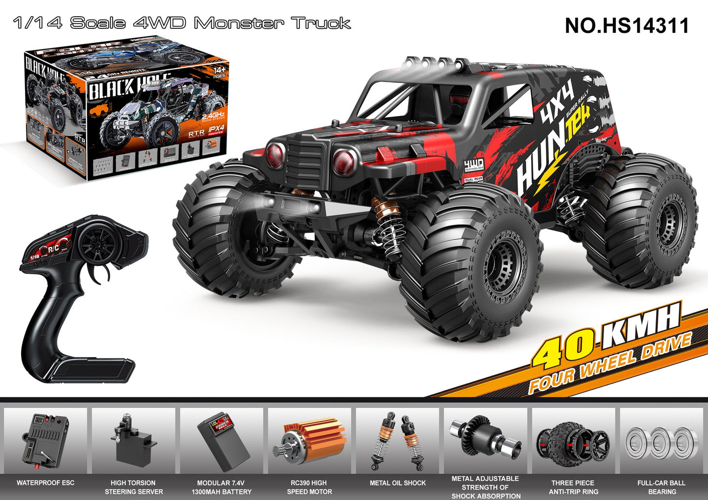 HS14311Brushed version40KM/H | 1/18Brushless High-Speed Four-Wheel Drive2.4G Full Scale Professional RC Remote Control Off-Road Big Wheel Bike1/14Brush