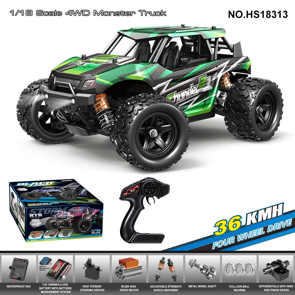 HS18313Brushed Four-Wheel Drive Roll Cage Big Wheel Bike36KM/H | 1/18Brushless High-Speed Four-Wheel Drive2.4G Full Scale Professional RC Remote Control Off-Road Big Wheel Bike1/14Brush