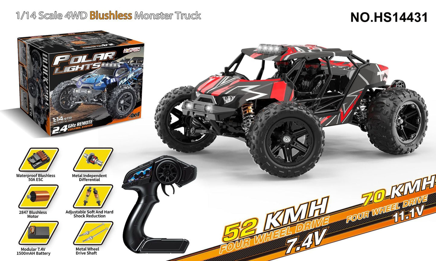 HS14431Brushless Version52-70KM/H | 1/18Brushless High-Speed Four-Wheel Drive2.4G Full Scale Professional RC Remote Control Off-Road Big Wheel Bike1/14Brush