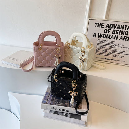 Rhombus embroidery pearl handbag bucket bag