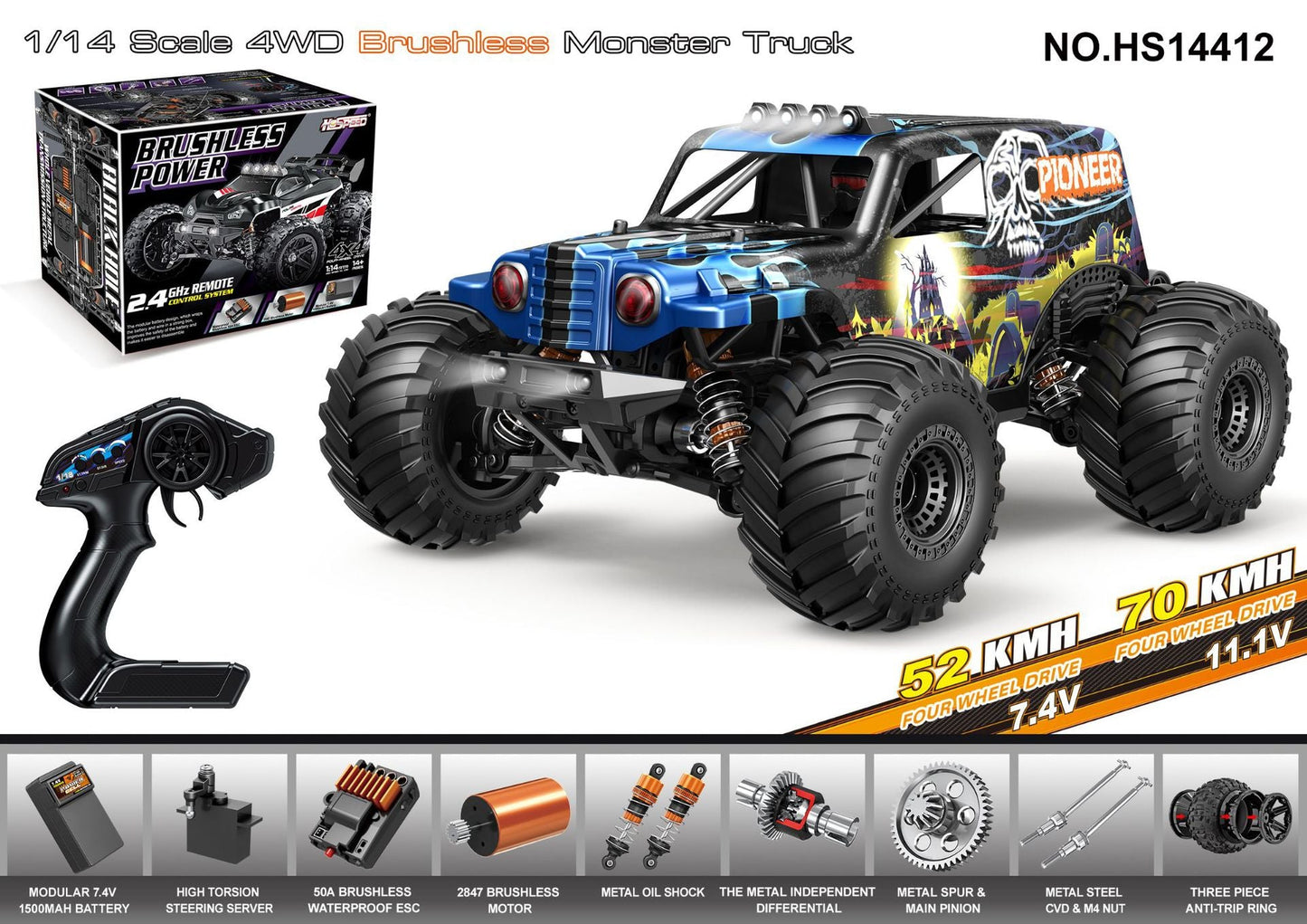 HS14412Brushless Hydraulic Shock Absorption Version52-70KM/H | 1/18Brushless High-Speed Four-Wheel Drive2.4G Full Scale Professional RC Remote Control Off-Road Big Wheel Bike1/14Brush