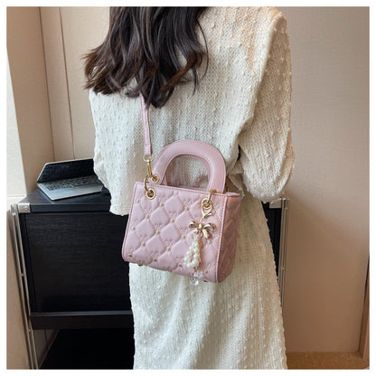 Rhombus embroidery pearl handbag bucket bag