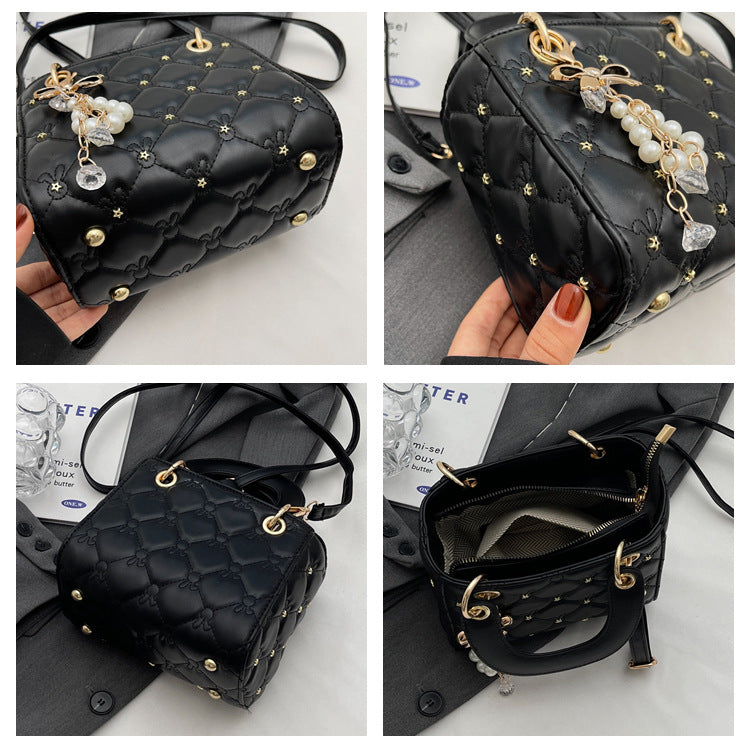 Rhombus embroidery pearl handbag bucket bag