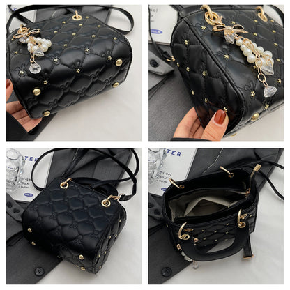 Rhombus embroidery pearl handbag bucket bag
