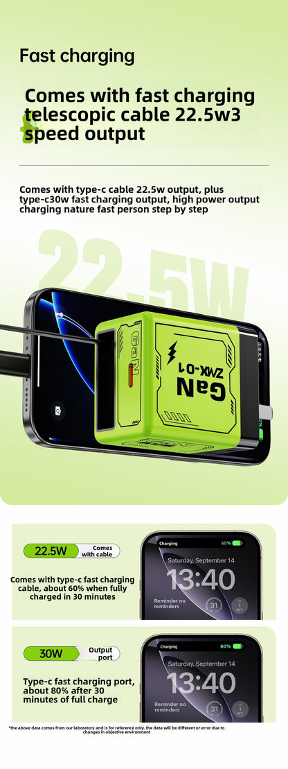 120W Gallium Nitride Charger PD Fast Charging Mobile Phone Charger with Retractable Cable Compatible with Apple and Huawei Chargers