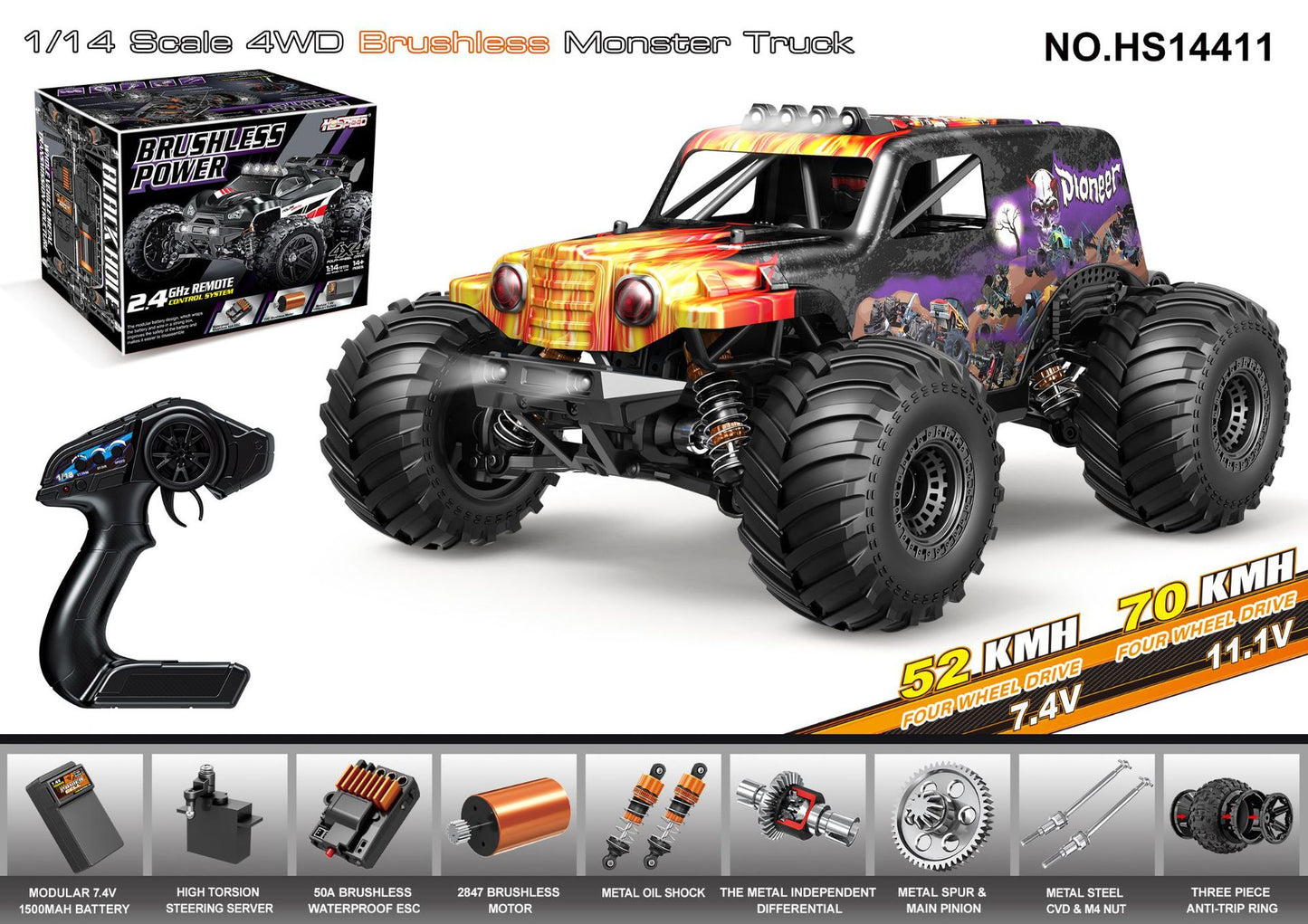 1/18Brushless High-Speed Four-Wheel Drive2.4G Full Scale Professional RC Remote Control Off-Road Big Wheel Bike1/14Brush