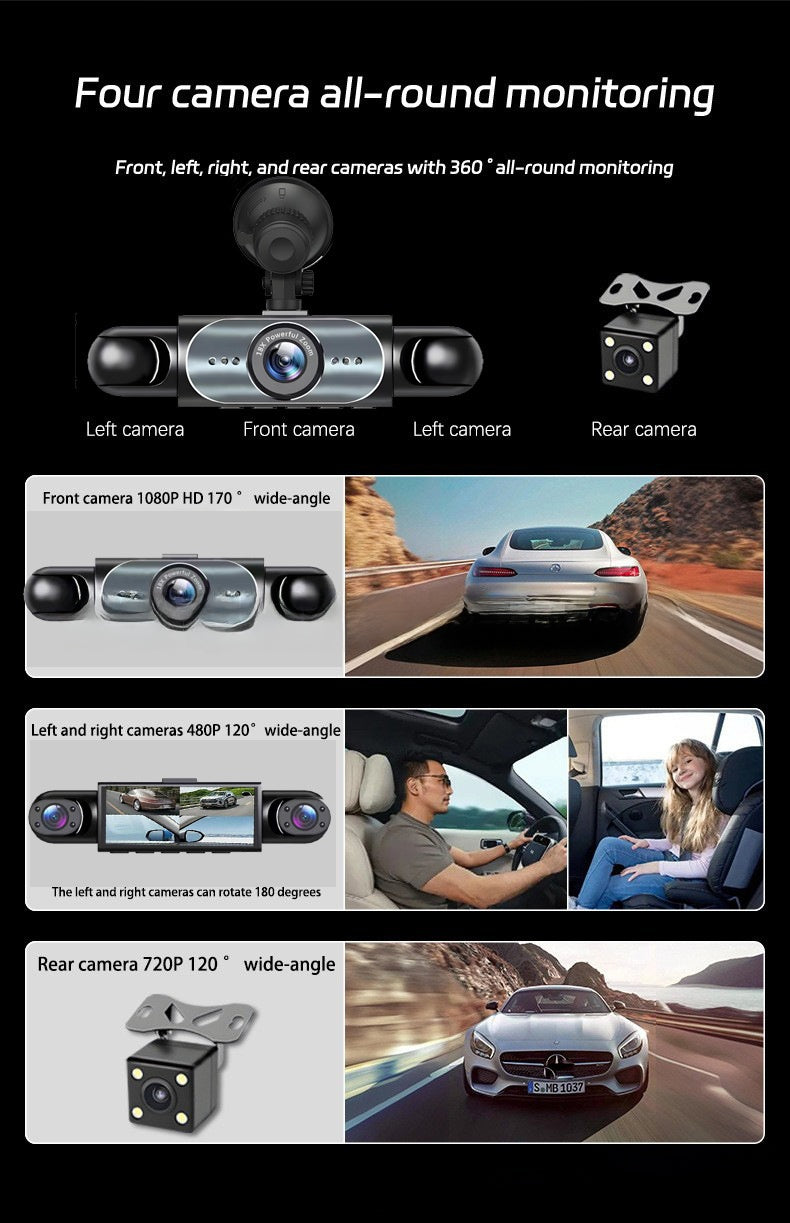 Four-Lens Surveillance Dash Cam HD 1080P Front Left Right Rear with Reversing Image.