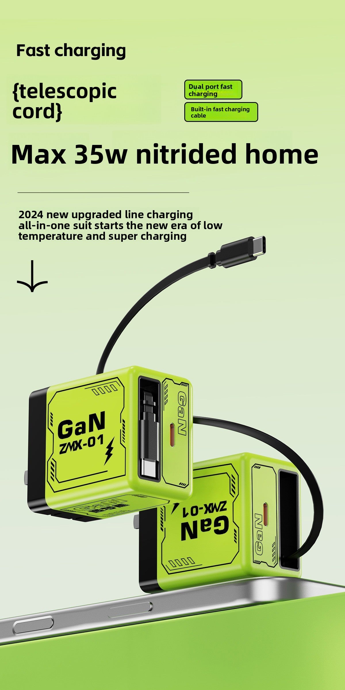 120W Gallium Nitride Charger PD Fast Charging Mobile Phone Charger with Retractable Cable Compatible with Apple and Huawei Chargers