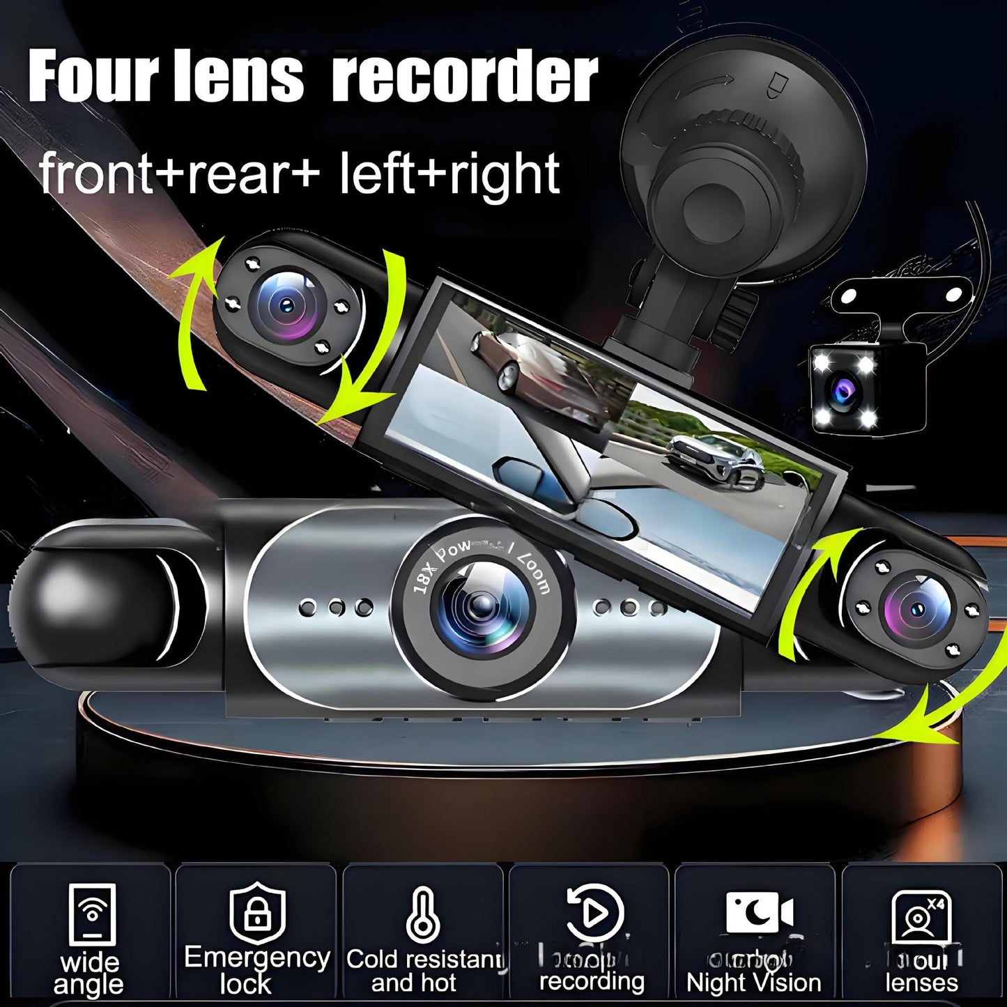 Four-Lens Surveillance Dash Cam HD 1080P Front Left Right Rear with Reversing Image.