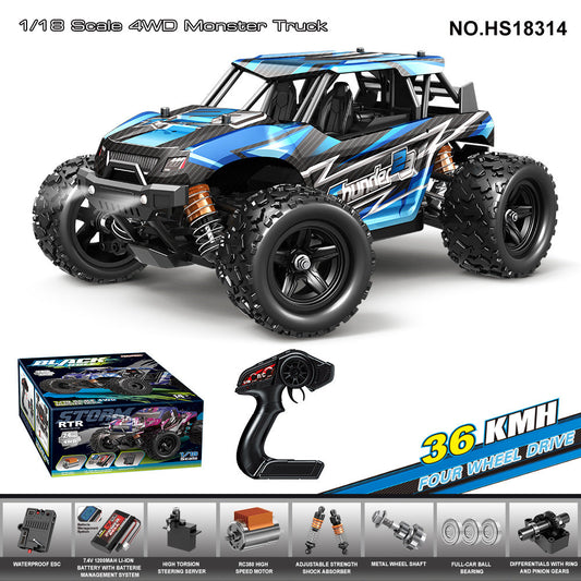 HS18314Brushed Four-Wheel Drive Roll Cage Big Wheel Bike36KM/H | 1/18Brushless High-Speed Four-Wheel Drive2.4G Full Scale Professional RC Remote Control Off-Road Big Wheel Bike1/14Brush