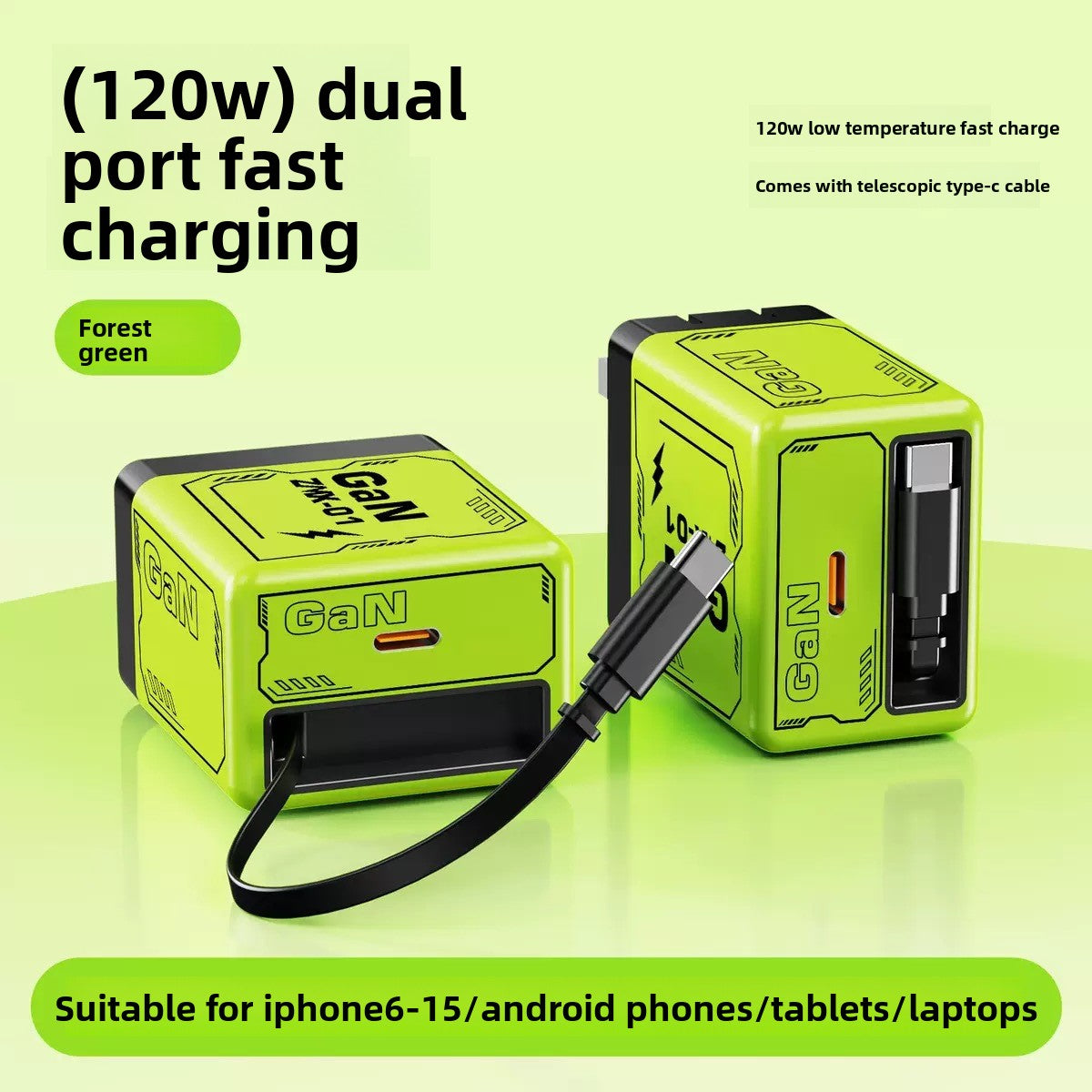 120W Gallium Nitride Charger PD Fast Charging Mobile Phone Charger with Retractable Cable Compatible with Apple and Huawei Chargers