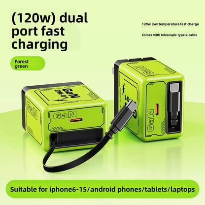 120W Gallium Nitride Charger PD Fast Charging Mobile Phone Charger with Retractable Cable Compatible with Apple and Huawei Chargers