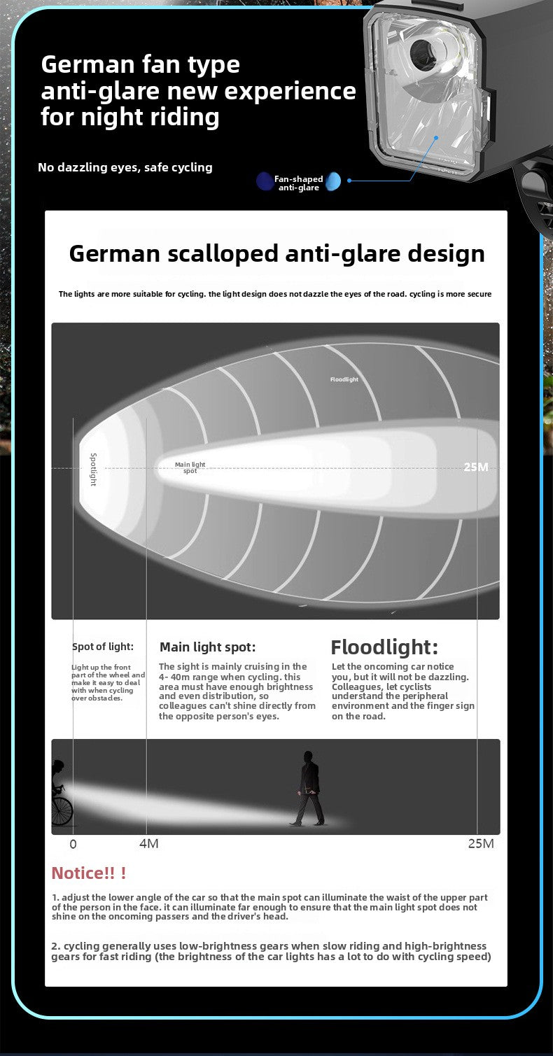 Bicycle Light with Horn Anti-Glare High-Low Beam Switch Front Light Integrated Dustproof Fogproof Front Light