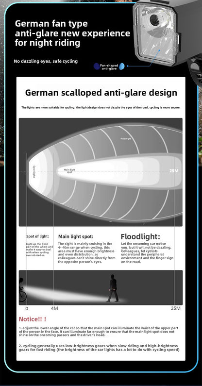 Bicycle Light with Horn Anti-Glare High-Low Beam Switch Front Light Integrated Dustproof Fogproof Front Light
