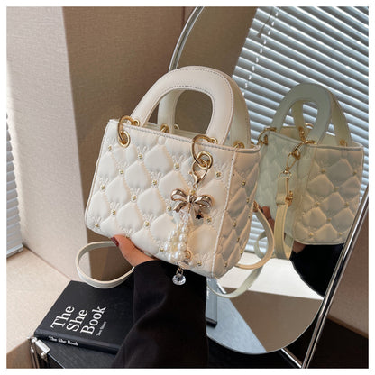 Rhombus embroidery pearl handbag bucket bag
