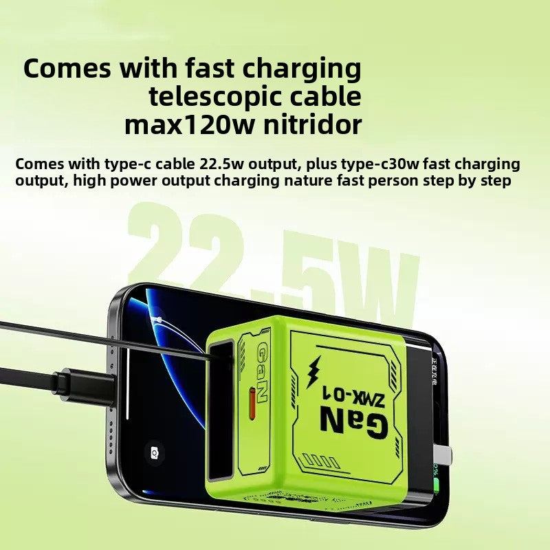 120W Gallium Nitride Charger PD Fast Charging Mobile Phone Charger with Retractable Cable Compatible with Apple and Huawei Chargers