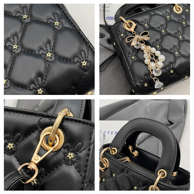 Rhombus embroidery pearl handbag bucket bag