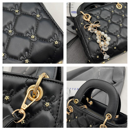 Rhombus embroidery pearl handbag bucket bag