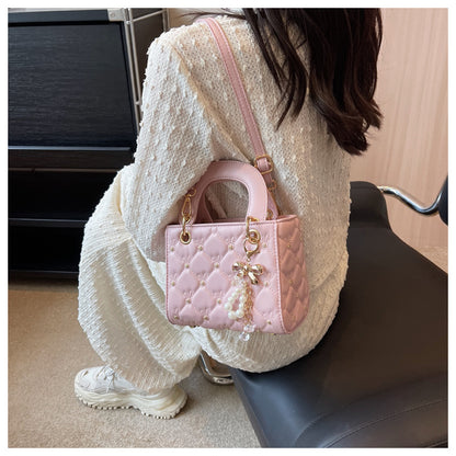 Rhombus embroidery pearl handbag bucket bag