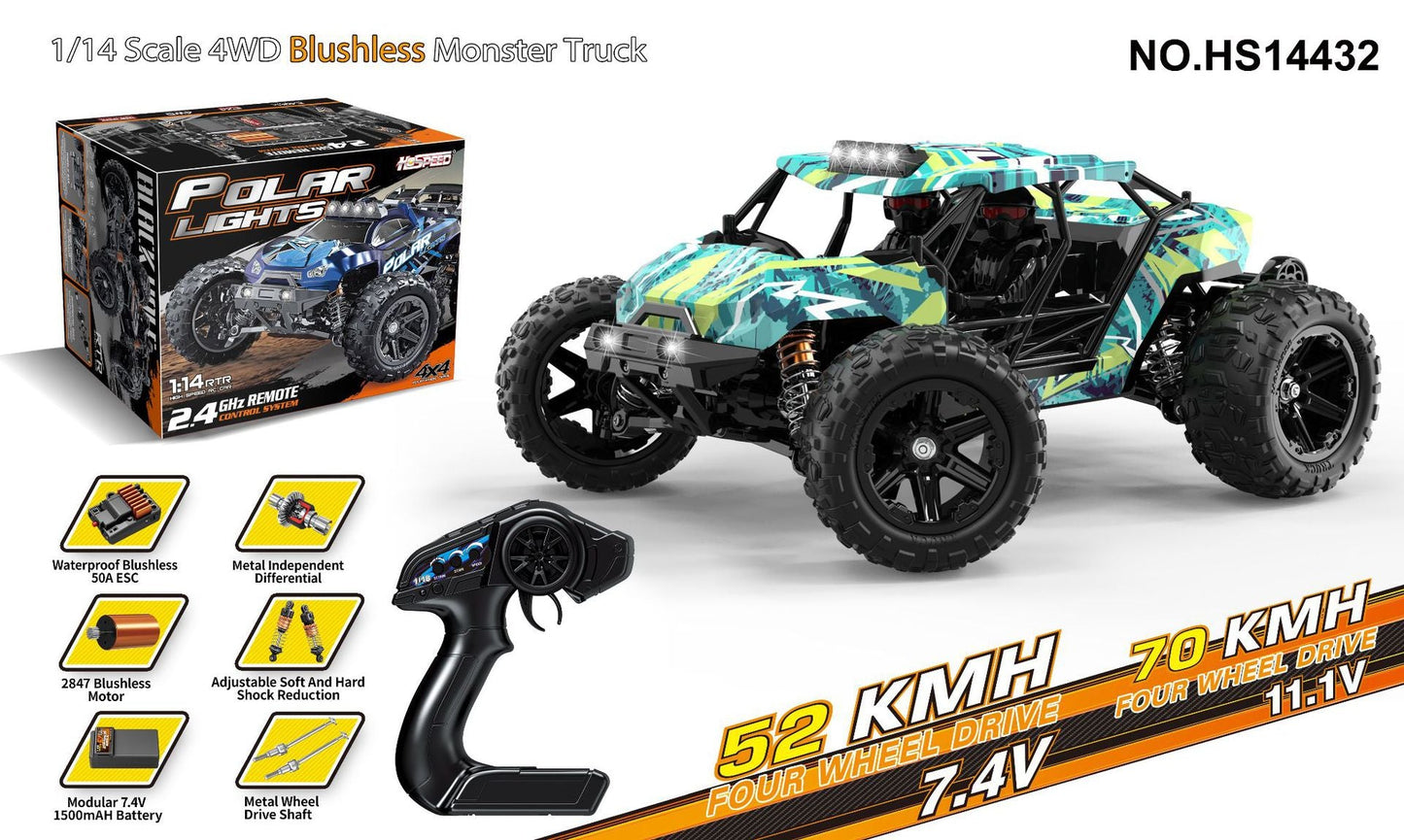 HS14432Brushless Version52-70KM/H | 1/18Brushless High-Speed Four-Wheel Drive2.4G Full Scale Professional RC Remote Control Off-Road Big Wheel Bike1/14Brush