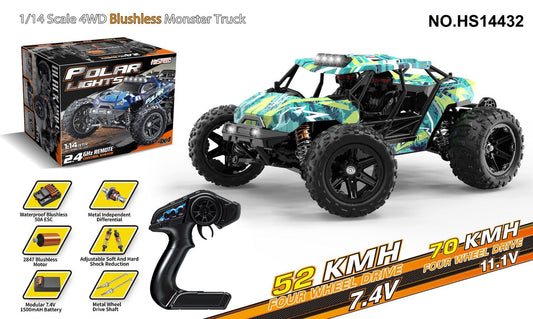 HS14432Brushless Version52-70KM/H | 1/18Brushless High-Speed Four-Wheel Drive2.4G Full Scale Professional RC Remote Control Off-Road Big Wheel Bike1/14Brush