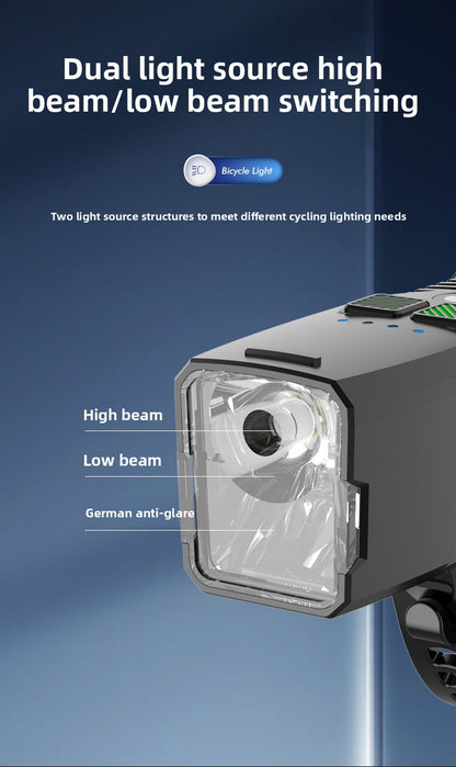 Bicycle Light with Horn Anti-Glare High-Low Beam Switch Front Light Integrated Dustproof Fogproof Front Light