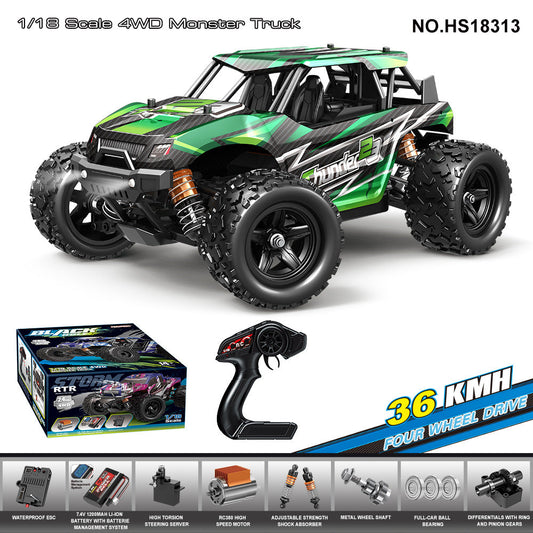 HS18313Brushed Four-Wheel Drive Roll Cage Big Wheel Bike36KM/H | 1/18Brushless High-Speed Four-Wheel Drive2.4G Full Scale Professional RC Remote Control Off-Road Big Wheel Bike1/14Brush