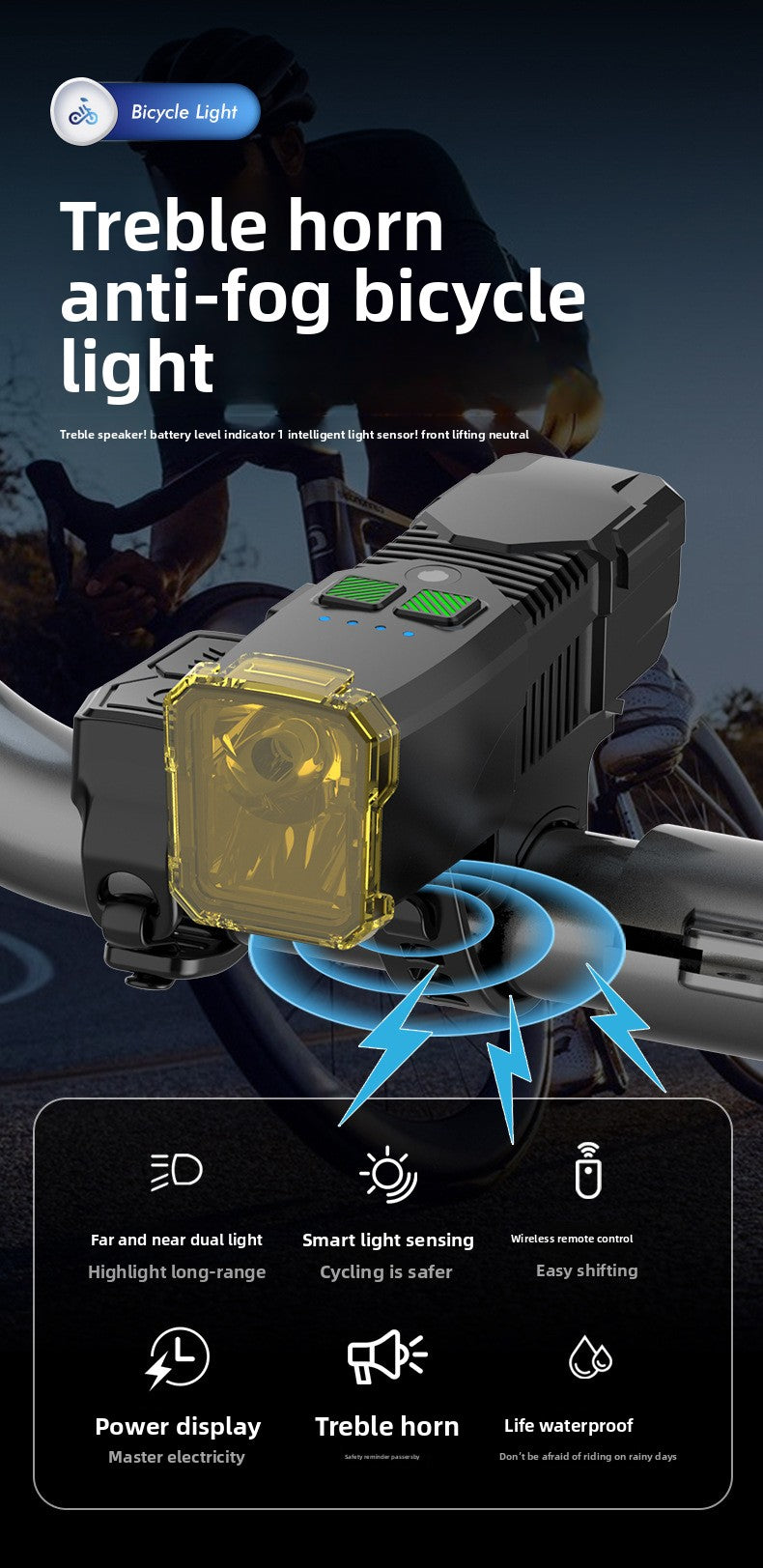 Bicycle Light with Horn Anti-Glare High-Low Beam Switch Front Light Integrated Dustproof Fogproof Front Light