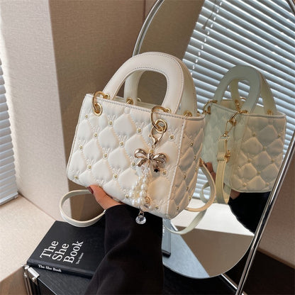 Rhombus embroidery pearl handbag bucket bag