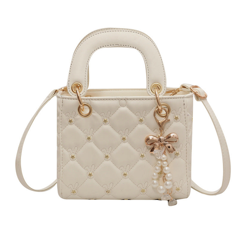 Rhombus embroidery pearl handbag bucket bag