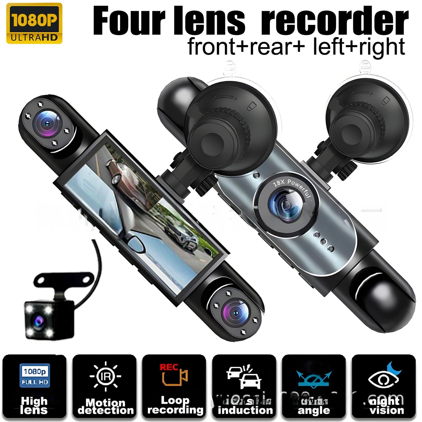 Four-Lens Surveillance Dash Cam HD 1080P Front Left Right Rear with Reversing Image.