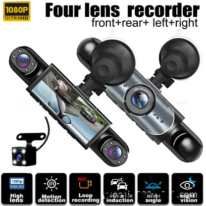 Four-Lens Surveillance Dash Cam HD 1080P Front Left Right Rear with Reversing Image.