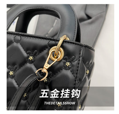 Rhombus embroidery pearl handbag bucket bag